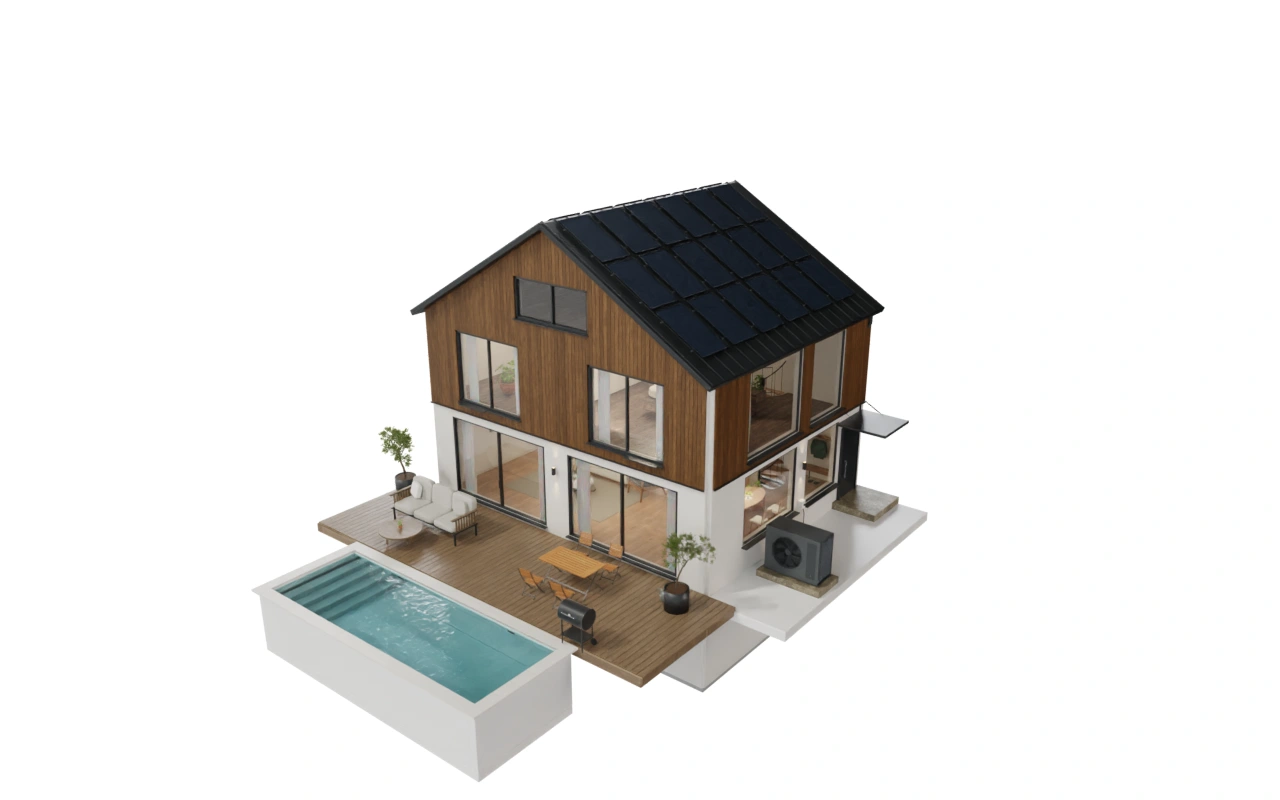 Modernes Haus schwebt mit Holzterrasse und Pool im weißen Raum, mit Klimaanlage, Heiztechnik, Wärmepumpe und Photovoltaik