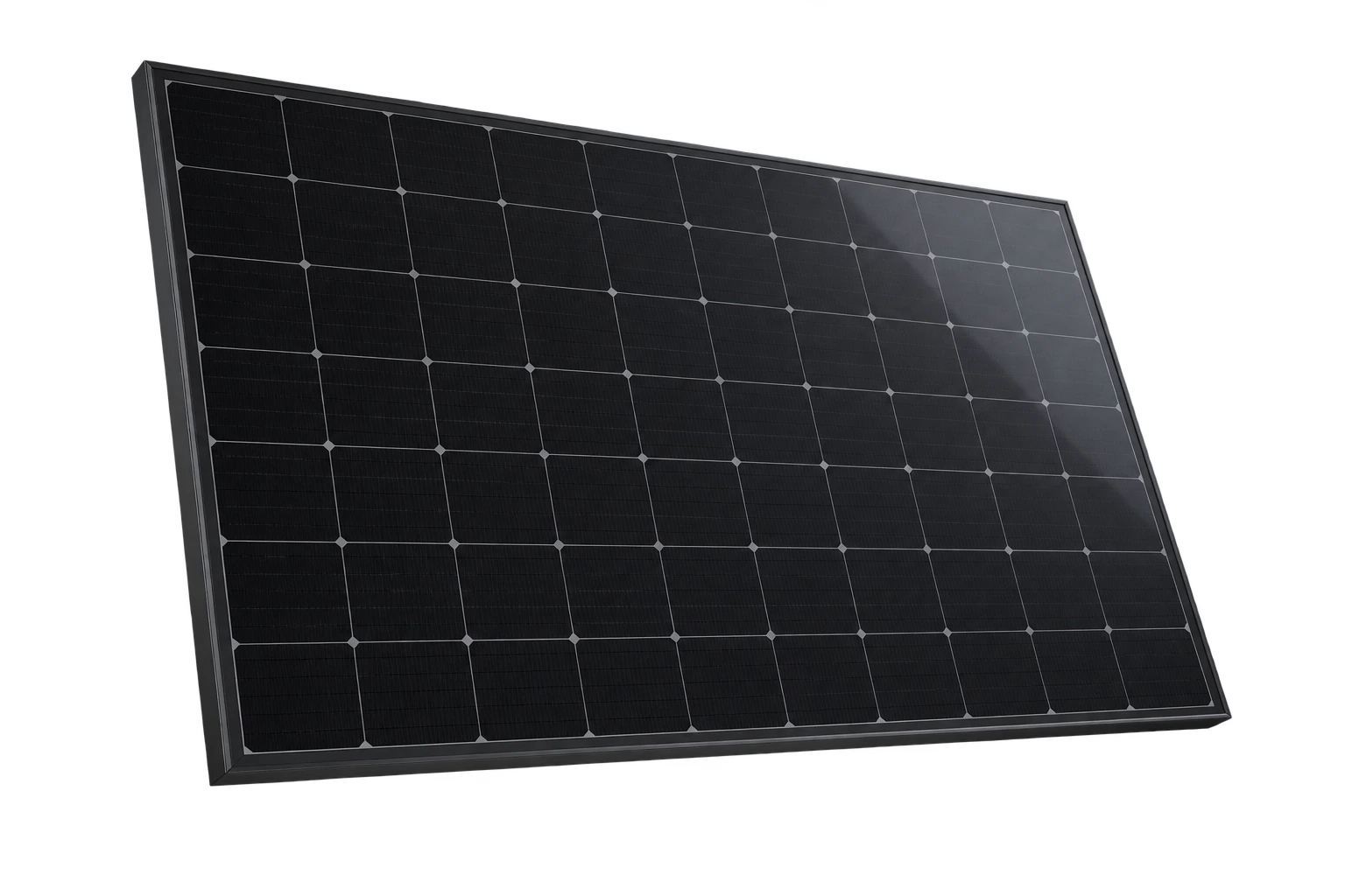 Freigestelltes schwarzes Photovoltaikmodul mit feiner Zellstruktur